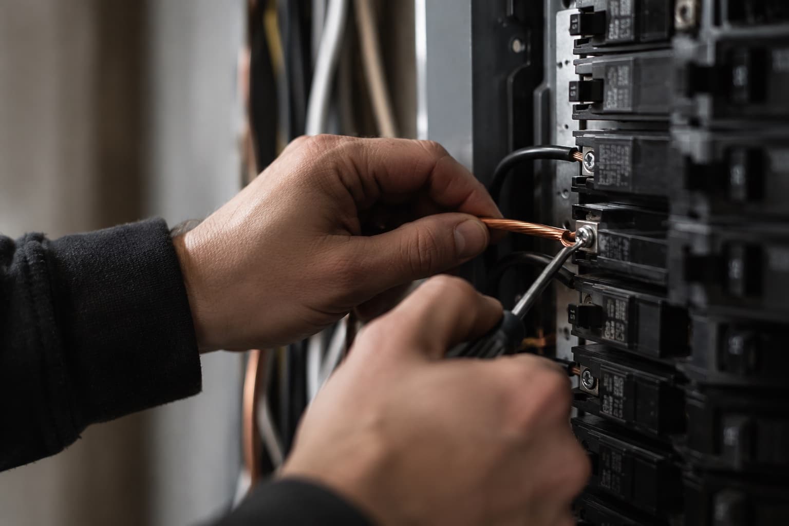 An electrician's hands landing a copper conductor on a breaker terminal with a screwdriver